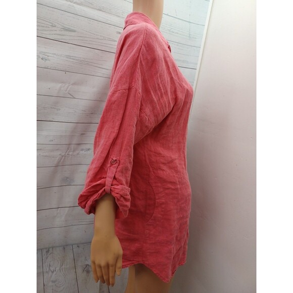 Chicos 100% Linen Button Up Top Tunic Sz 0 (Small) Red Roll Tab Sleeves - Picture 4 of 7
